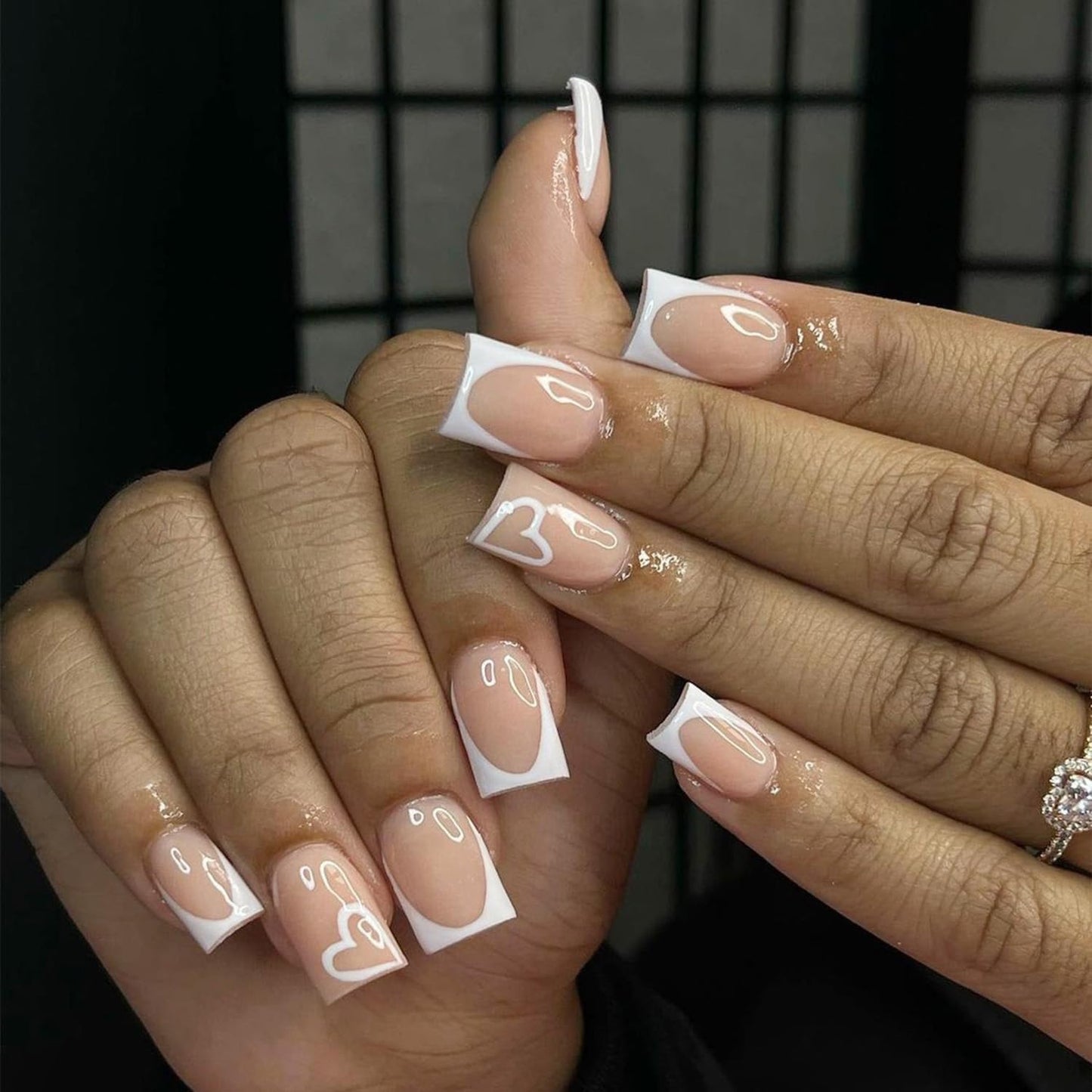 Press On Glossy Full Cover Acrylic Short Square French False Nails with White Heart Designs - Artificial Fake Nails Glue Ons for Women Girls