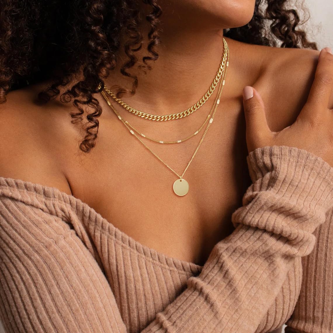 MFRYK Gold Necklaces Stack, 14K Gold Plated Simple Layered Choker Necklaces, Stackable Multilayer Disc Coin Pendant Cuban Link Chain Dot Chain Layering Necklaces Set