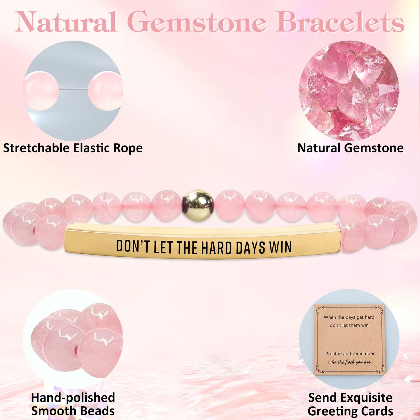 INSYOHO Dont Let the Hard Days Win Bracelet – Inspirational Healing Crystal Bracelet for Women & Men, Rose Quartz Beaded Adjustable, Motivational Gift for Stress Relief & Positivity