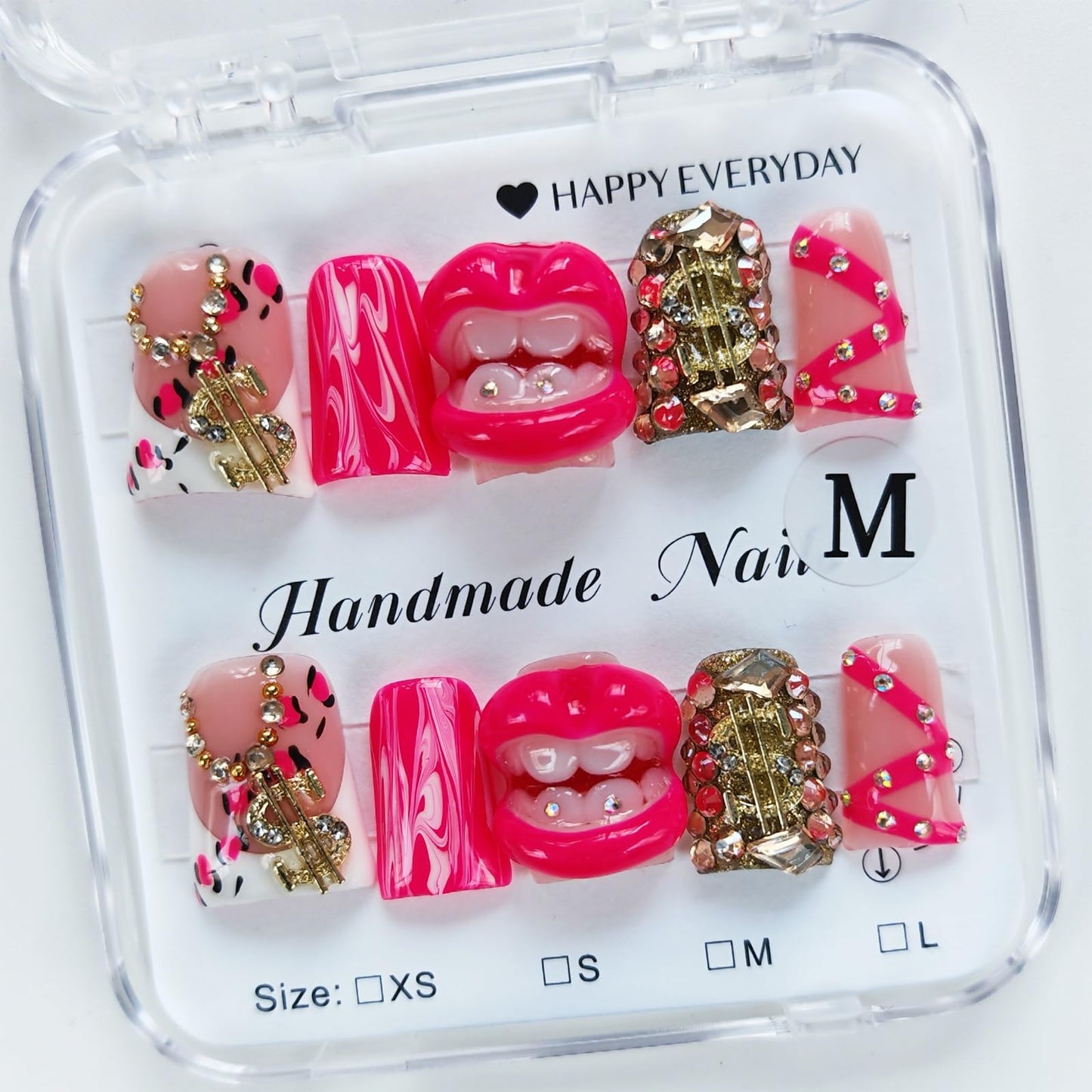 Short Handmade Press on Nails Duck Nail Tips,Thick 3D Floral Reusable Fake Nails Hand Made Acrylic Nails for Women 10pcs (Size M）