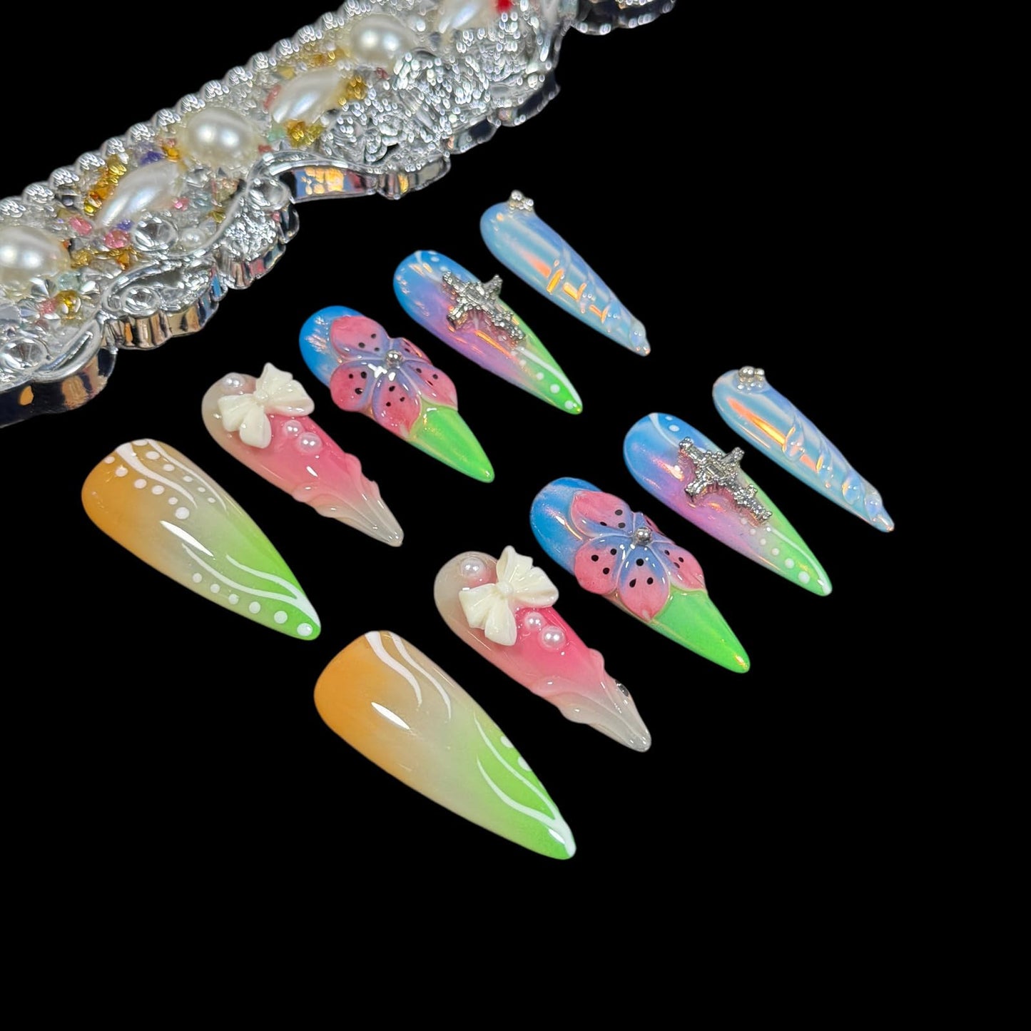 Handmade Press On Nails, 3D Flower Bow Cross Design, Long Stiletto Shape, Pastel Gradient Acrylic Fake Nails Gift set for Women Rainbow (M)