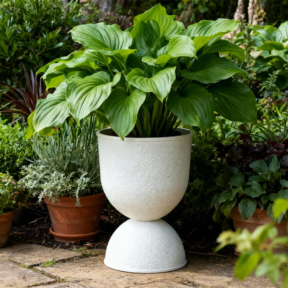 Modern Hourglass Planter, Indoor Decorative Plastic Plant Container, Textured Metal Look, Contemporary Home Garden Pot (WHITE, CUP001)