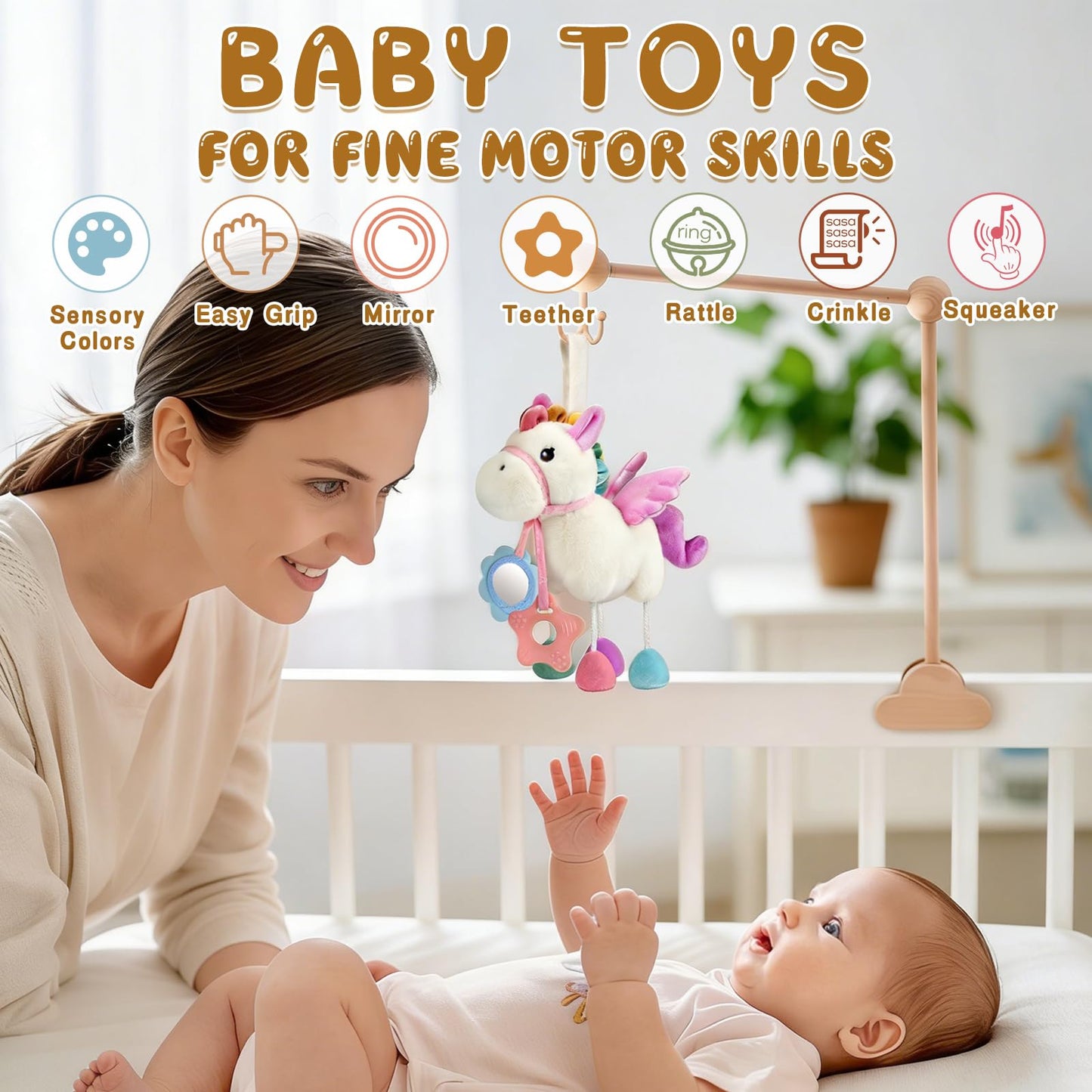 TYRY.HU Baby Stroller or Car Seat Toy,Soft Plush Stroller & Cot Hanging Toys, Rattle Sensory Developmental Activity Toy-Textured Ribbons&Crinkle Sounds&Silicone Teether, Gift for 0 3 6 9 12 Months