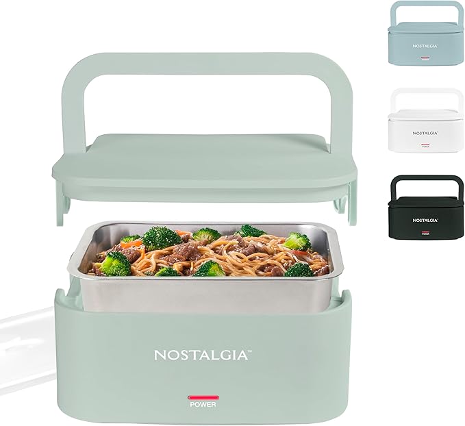 Nostalgia 32-Ounce Heated Electric Lunch Box – Travel Size 4 Cup Capacity for Soup, Pasta, and Leftovers – Leak-Proof Silicone Sealed Lid, Foldable Carry Handle, Detachable Cord – Sage