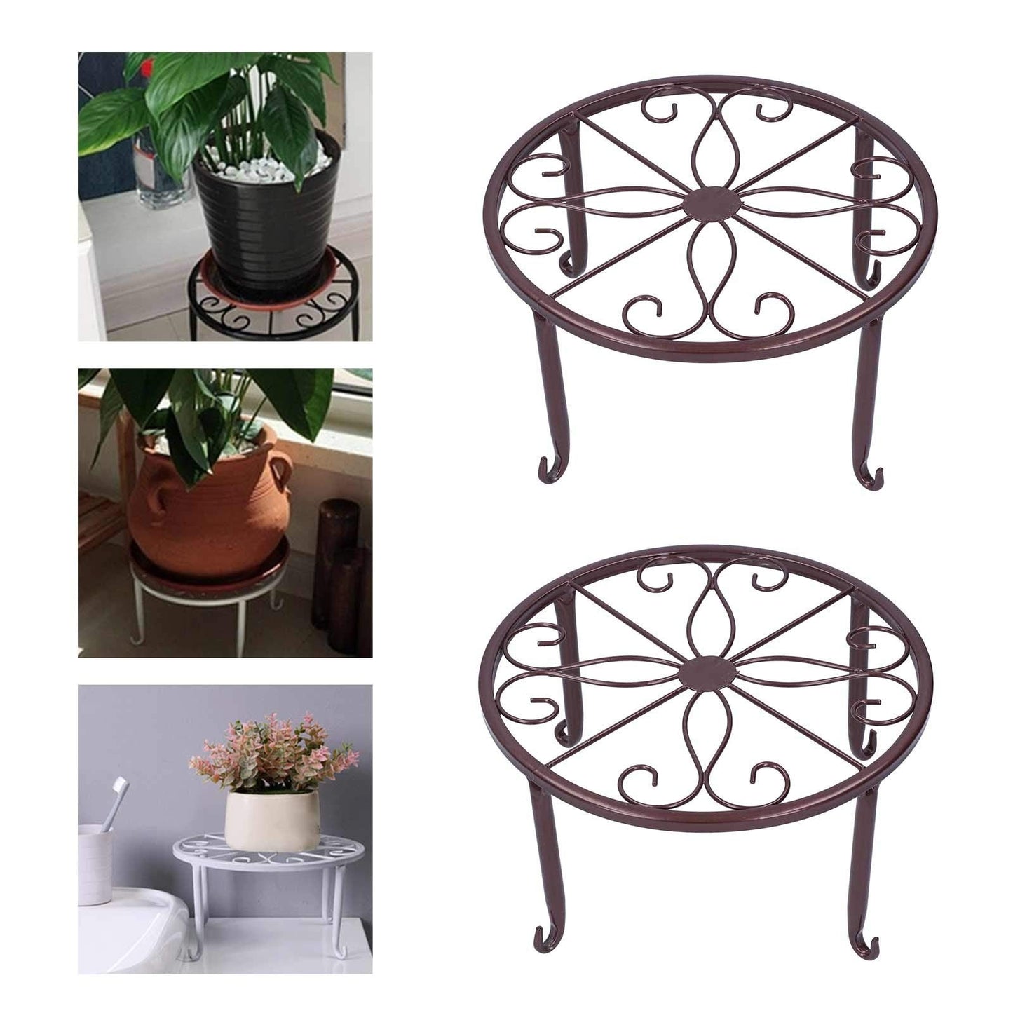 AQFNEB 2PCS Plant Stand Flower Pot Holder, Wrought Iron Plant Rack with 4 - Point Stable Base, Bronze Indoor Outdoor Planter Shelf for Living Room Balcony Office Decor