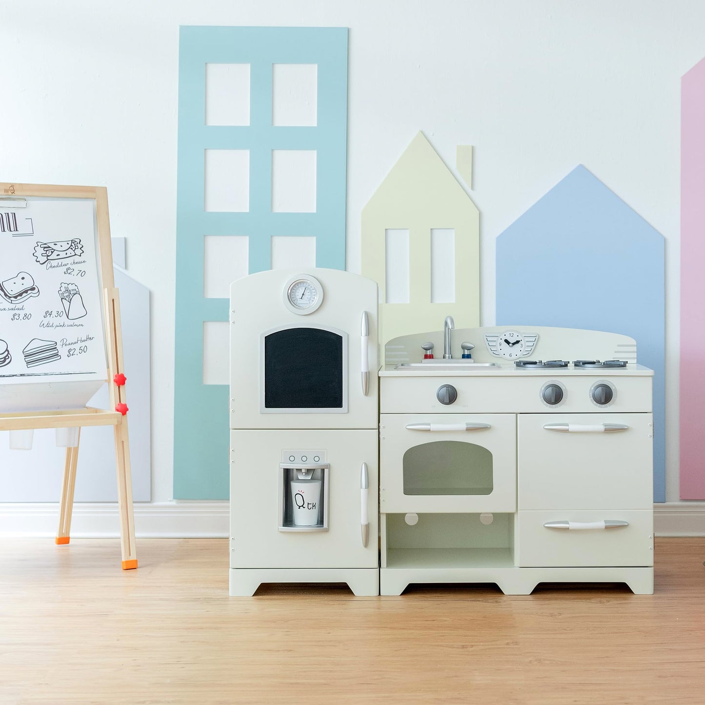 Teamson Kids Little Chef Fairfield Retro Modular Interactive Wooden Play Kitchen with Refrigerator, Sink, Stove, and Storage Space for Easy Clean Up, Off-White with Chrome Accents