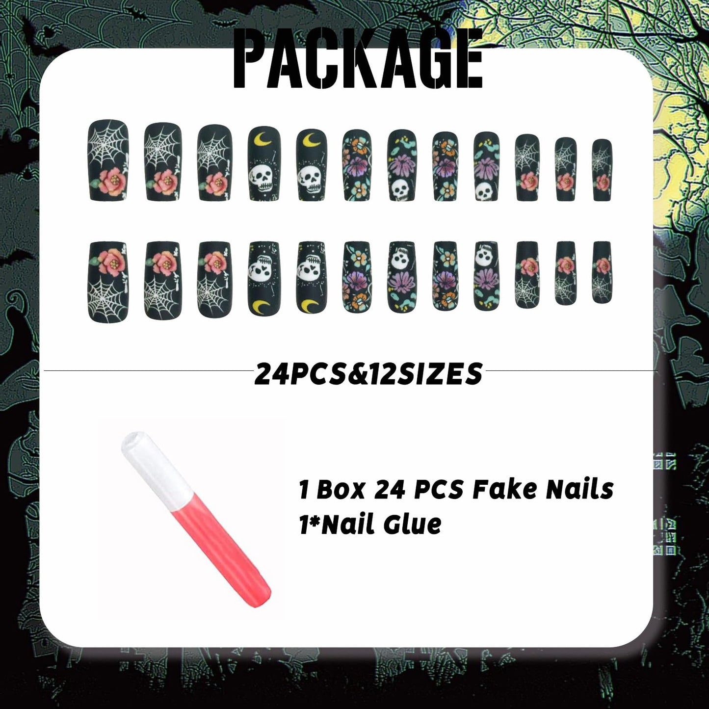 IMSOHOT Halloween Press on Nails Long Square Fake Nails Matte Black Acrylic Full Cover False Nails with Flower & Skull Designs Goth Punk Glue on Nails for Women DIY Manicure