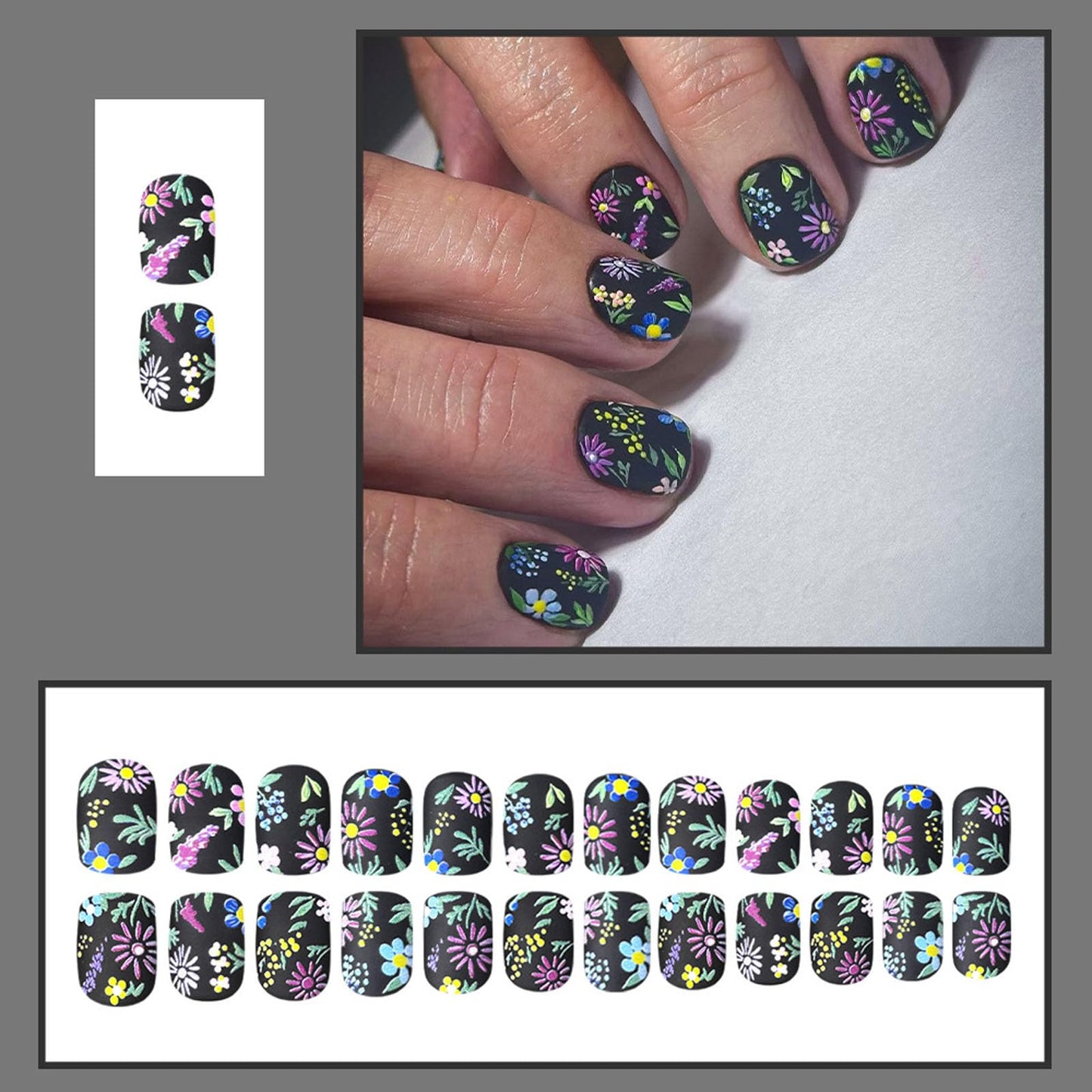 24 Pcs Spring Press on Nails Short Square False Nails Press ons Black Acrylic Glue on Nail with Flowers Design Colorful, Black Full Cover Set Artificial Fake Manicure Stickers for Women