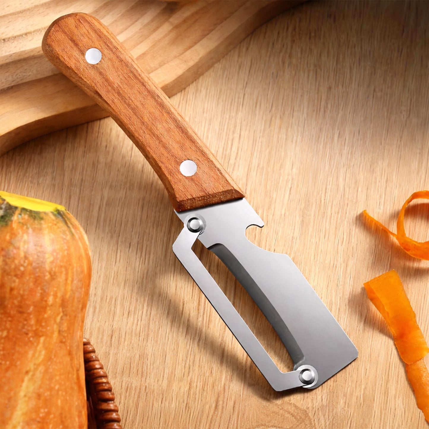 Multi Functional Vegetable Peeler with Wooden Handle and Bottle Opener, Stainless Steel Kitchen Peeler Tool for Potato Apple Pumpkin Papaya, Premium Single Blade Food Peelers (2pcs)