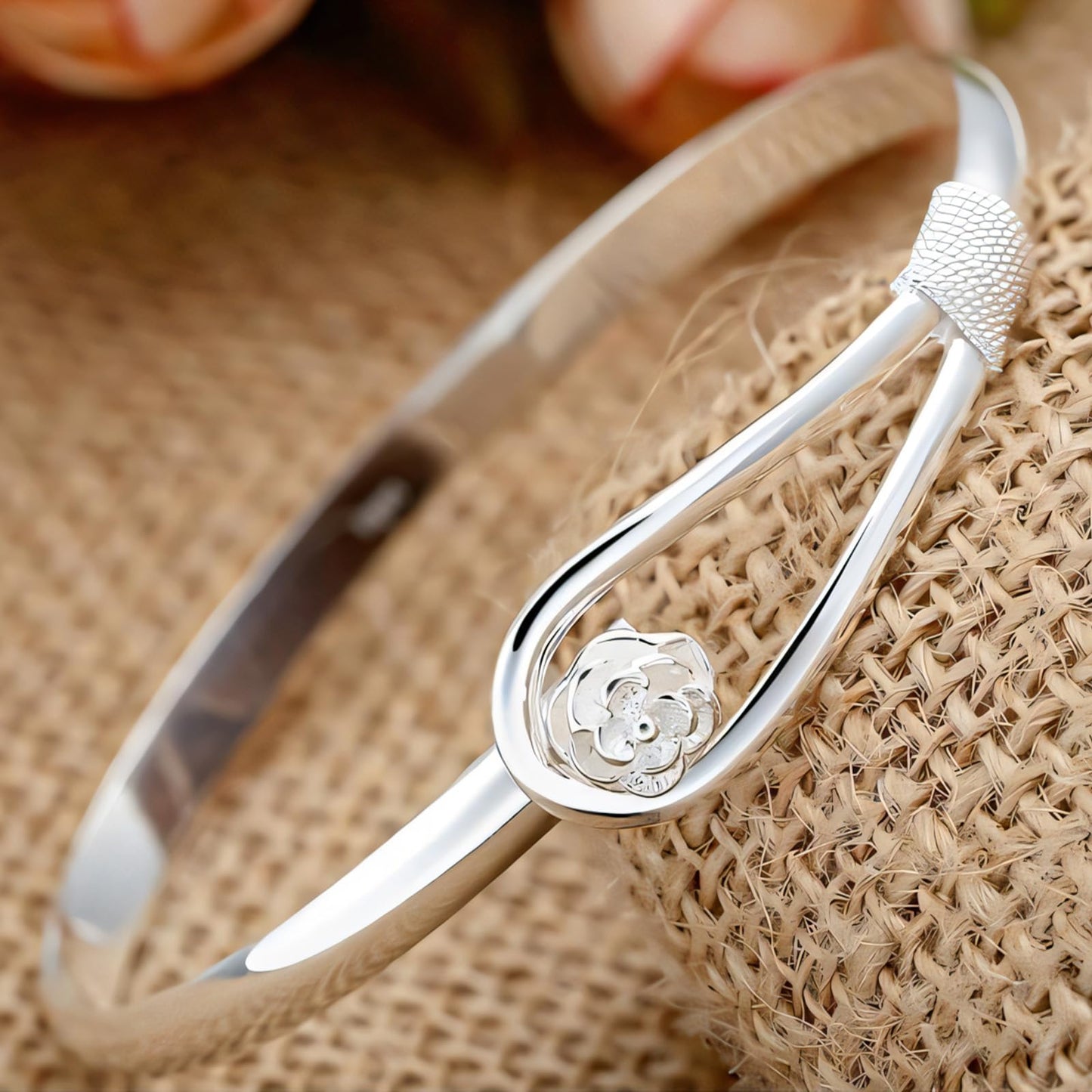 Baoaichi Handmade 925 Sterling Silver Sakura Bangle Bracelet For Women Hook Bangle Bracelet Flower Catch Loop Design Bangle Bracelet Thin Cuff Minimalist Design Jewelry Gift For Women