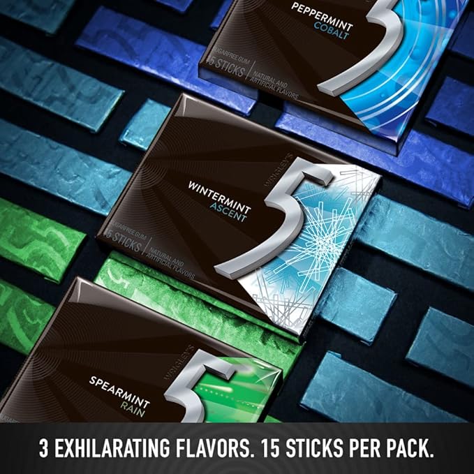 5 GUM Peppermint Cobalt, Spearmint Rain, Wintermint Ascent Sugar-Free Chewing Gum Variety Pack, 15 Packs, WRIGLEY'S 15 Stick