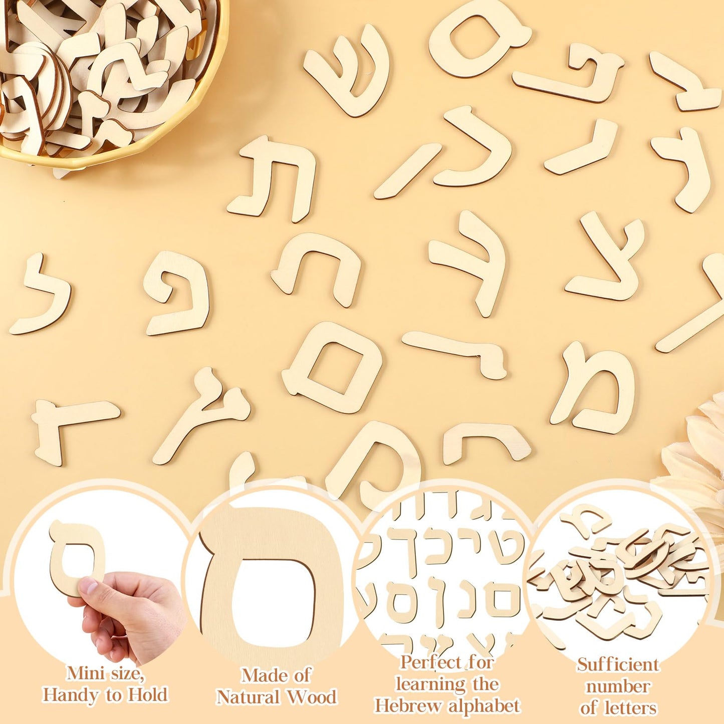 Silipull 108 PCS Hebrew Alphabet Letters Wood Hebrew Cut Letters 2'' Set of 27 Jewish Characters Jewish Script Gifts for Learning Fun Unfinished Crafts Teaching Materials Early Learning