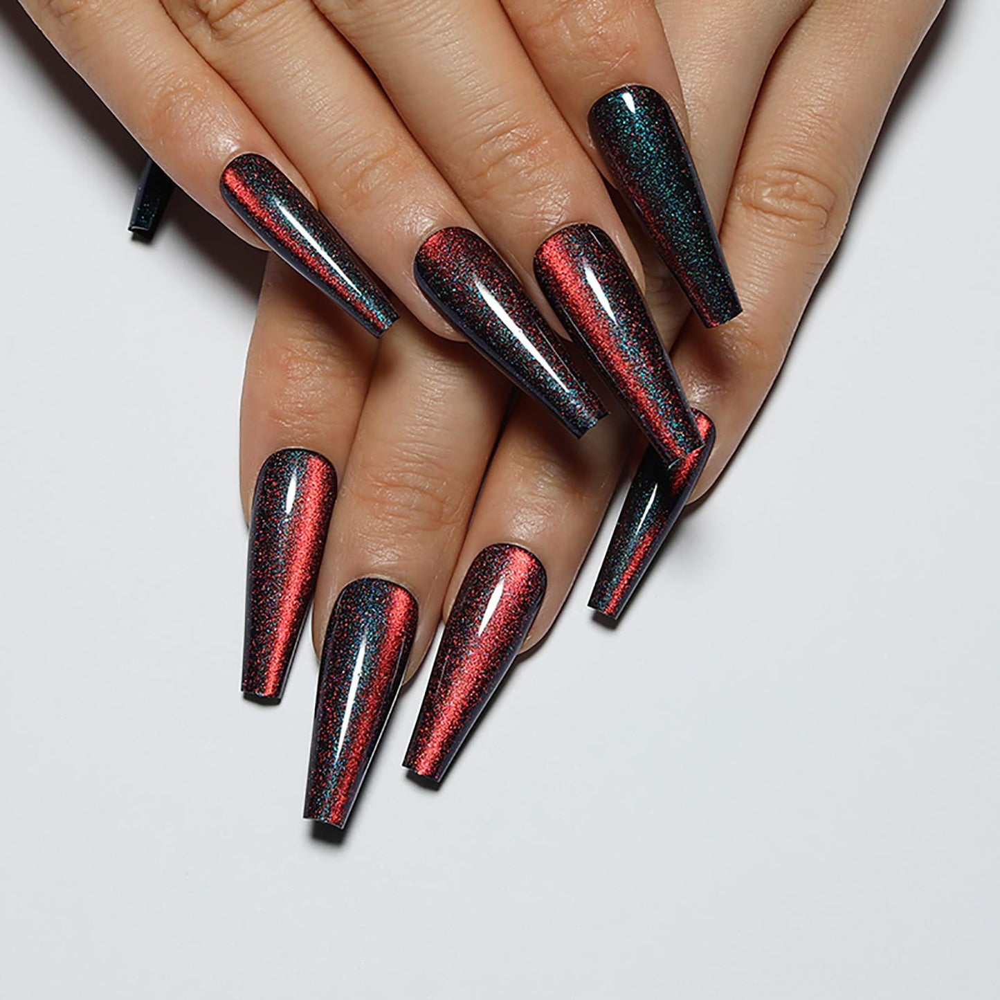 Handmade Press on Nails - Blue & Red Gradient Fake Nails| Glossy,Glitter,Reusable Long Nails,Velvet Effect Design Acrylic Nails | 12 Sizes - 24 Nail Kit with Jelly Glue
