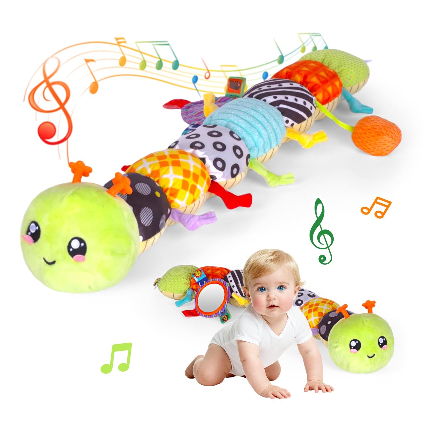 SRICH Baby Musical Plush Caterpillar Toy - 0-12 Months Tummy Time & Head Lifting Soft Sensory Toy, Rattle, Rustling Sounds & Mirror for Boys & Girls