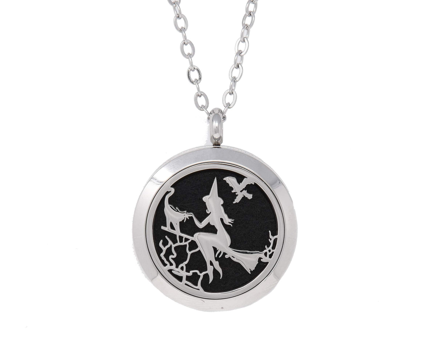 Aromatherapy Essential Oil Diffuser Stainless Steel 30MM Silver Magnetic Locket Pendant 2 Sizes Chain Necklace, Refill Pads & Diffuser Bracelet in a Velvet Bag (Witch)