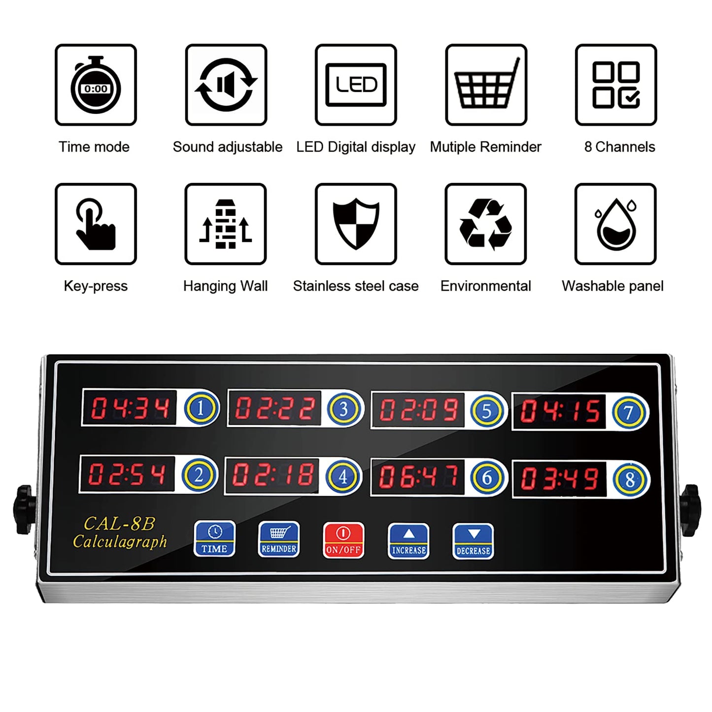 BIZOEPRO Kitchen Timers for Cooking, 8 Channel, Commercial Grade, Stainless Steel, LED Digital, Loud Alarm,