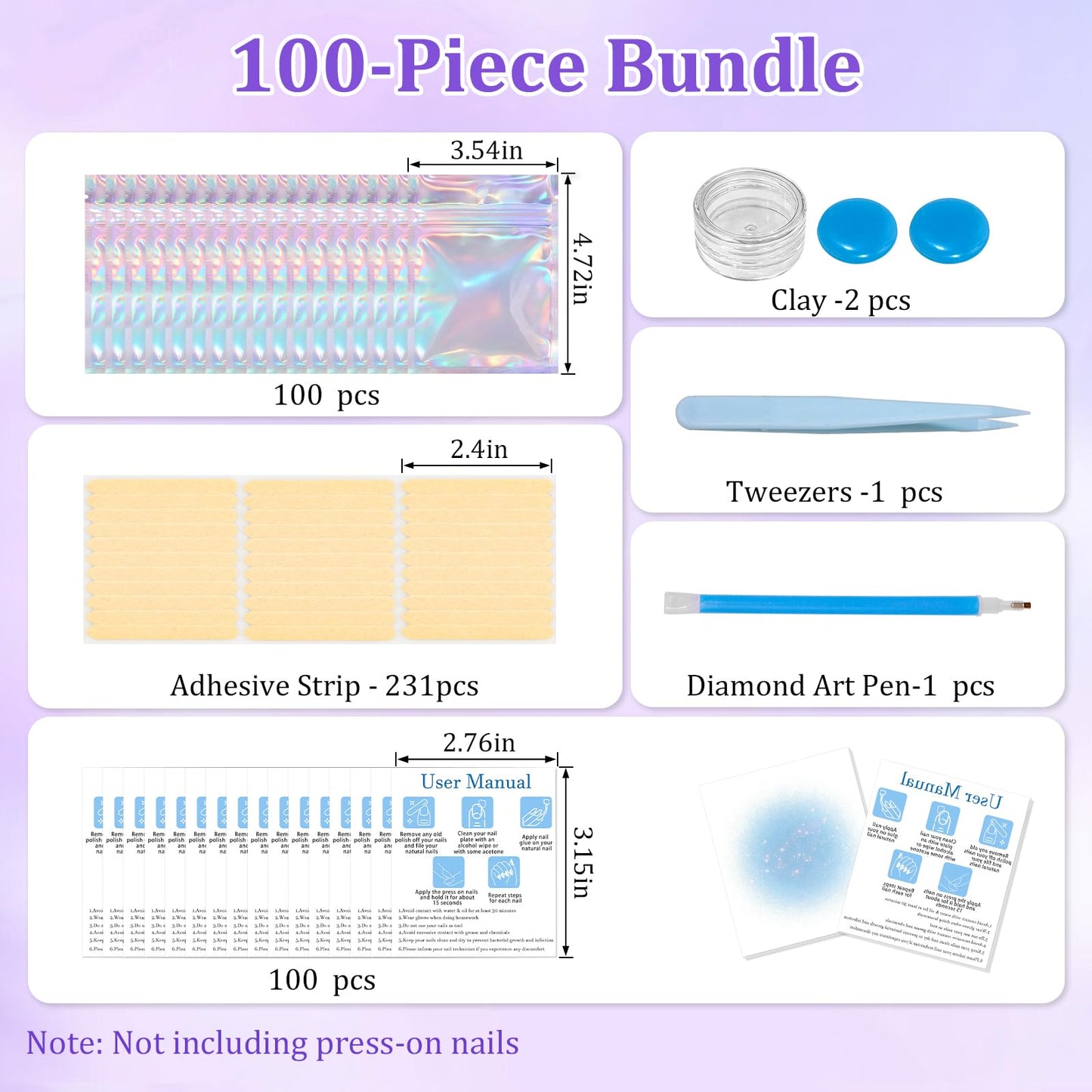 100PCS Press on Nail Packaging Bag, 100PCS Display Card with 231 Pcs Pre-cut Adhesive Tape & Diamond Art Pens & Glue Clay & Tweezers, 6-in-1 Set for Nail Display (Laser)