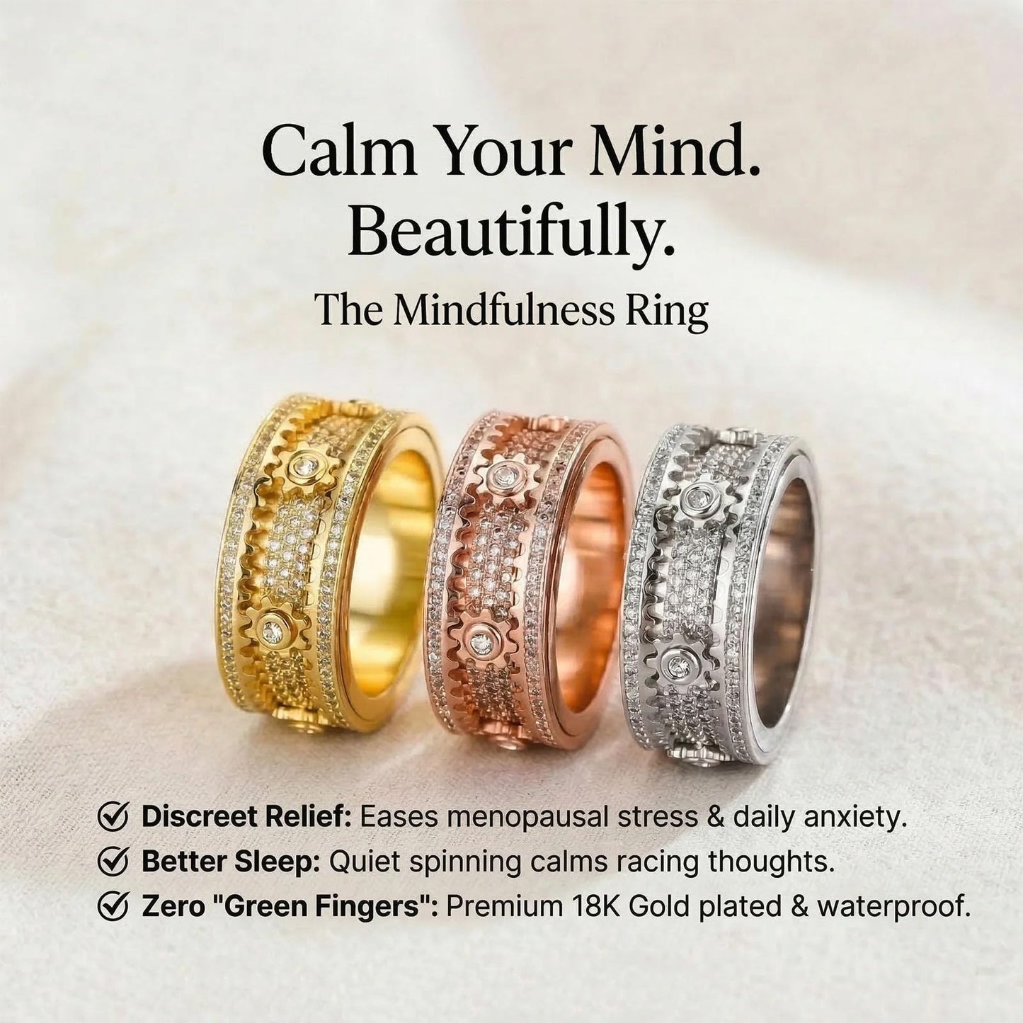 Xarewx Mindfulness Rings for Women, Fidget Ring, Adjustable Anti-Anxiety Fidget Rings, Menopause and Stress Ring, Calm & Everyday Wear (Gold, 12)