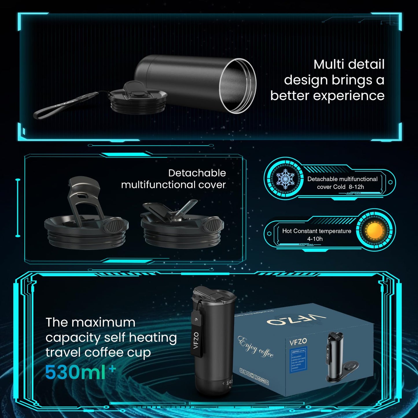VFZO Temperature Control Heated Travel Mug Smart Self Heating Coffee Mug 20 Oz App Controlled LED Display coffee serving sets mug kept at a constant temperature for 4-10 hours (Black, 20 oz)