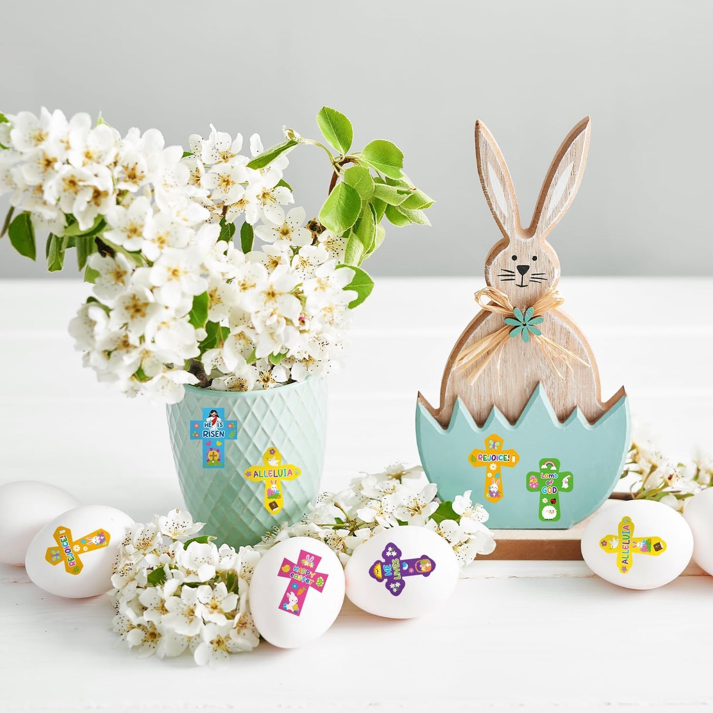 Haooryx Easter DIY Sticker Roll - 300Pcs Christain Religious Cross Shape Make A Face Stickers Self Adhesive Vinyl Waterproof Label Decal Water Bottle Laptop Skateboard Easter Egg Filler Party Supplies