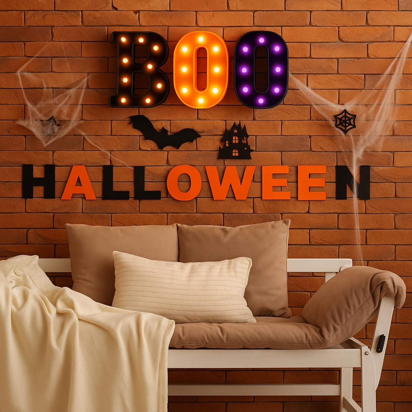 Grinsvalley Halloween Decorations Set Include 3 Boo Marquee LED Light up Letters with 72 Pcs Halloween 3D Bat Stickers Decor Boo Signs Light for Home Fireplace Room Desk Mantel Wall Table Party