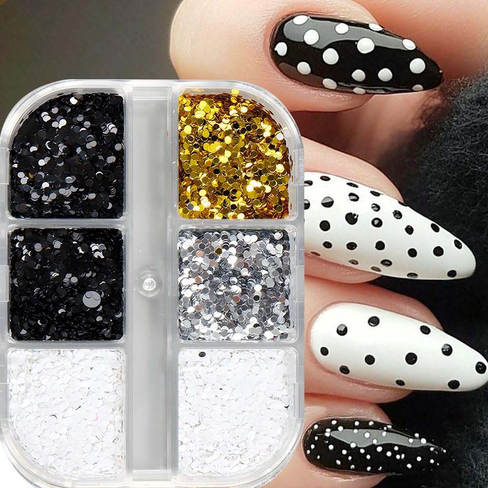 1 Box 6 Grids 3D Laser Mini Polka Dot Nail Sequins 1mm Tiny Dot Nail Glitter Flakes Black White Gold Silver Round Dots Paillettes Nails Charms Shiny Glitter for Nails Sequins for Crafts Manicure Decor