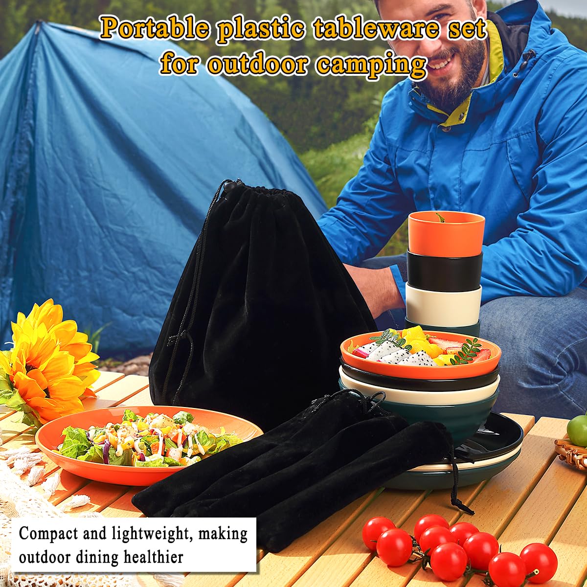 Kyraton Camping Utensils - Mess Kit for Travel, Picnic, Outdoor, Camping Gear - Silverware Set, Cup, Bowl, Plate - Essentials for 4