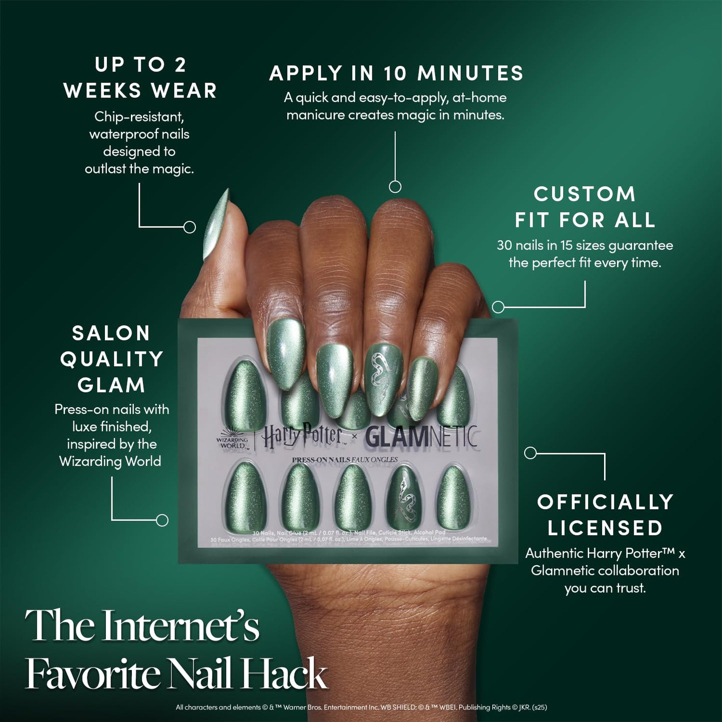 Harry Potter™ x Glamnetic Press On Nails - Slytherin™ | Green Snake Serpent Graphic Short Almond Fake Nails in a Velvet Finish | 15 Sizes - 30 Nail Kit with Glue