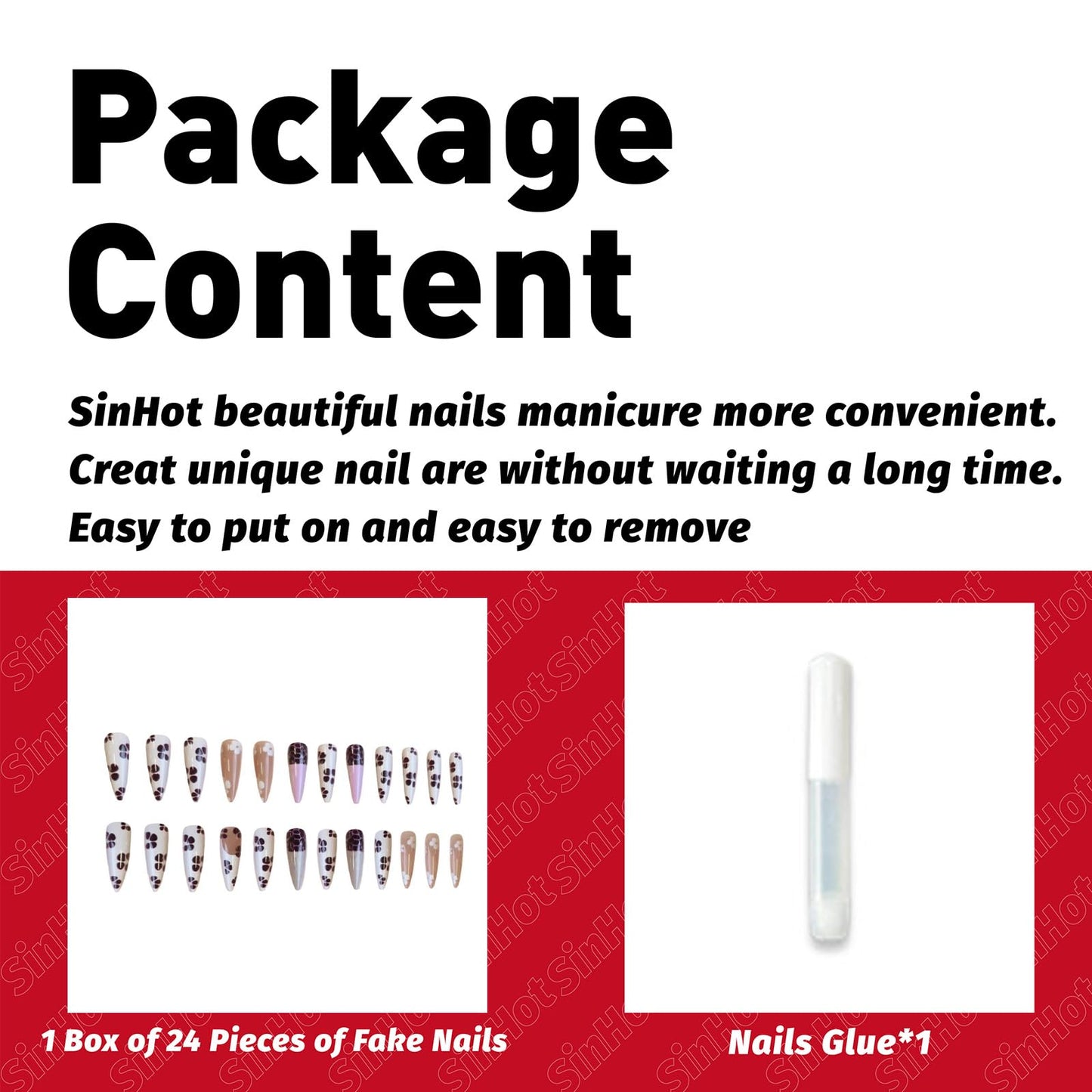 SINHOT Stiletto Press on Nails - Long Fake Nails, Glossy Finish, White Purple Flower & Glitter, Reusable Artificial False Nail Art - 24 Pcs Nail Kit with Glue