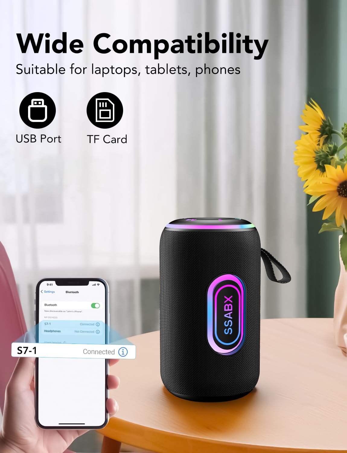 Portable Bluetooth Speaker, Bluetooth 5.4 Speaker, 30W Dual Speaker, 2.0 Channel, Deep Bass, 30H Playtime, Colorful RGB Lights, IPX7 Waterproof, TWS pairing for Outdoor/Home/Party/Travel, Gift Ideas