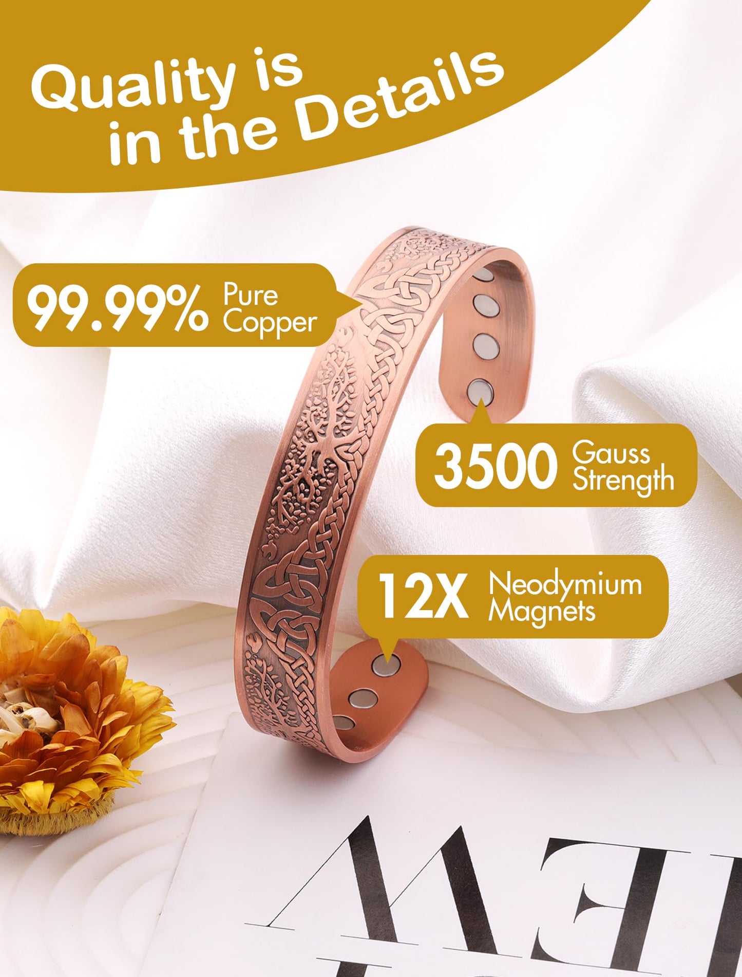 Feraco Copper Magnetic Bracelets for Men Women with Strong Magnets, Tree of Life Pattern, 99.99% Pure Solid Copper Cuff Bangle, Jewelry Gift
