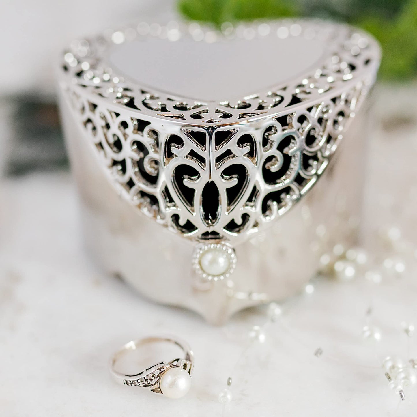 Cherished Moments Baptism Gift for Girls Jewelry Keepsake Box with Heart-Shaped Filigree Design and Engraved Cross, Silver Toned