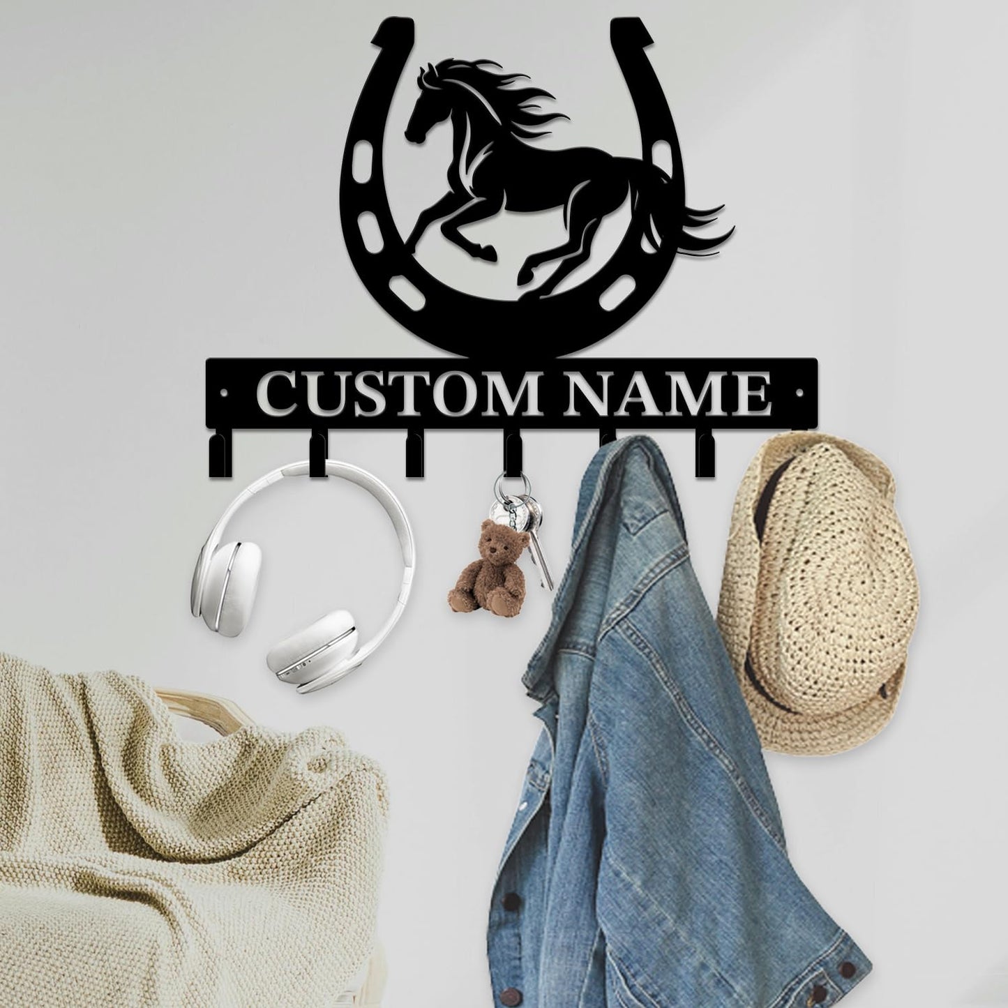 peanut case Personalized Farm Horse Keys Hooks,Custom Name Metal Cowboy Horse Art Keys Hooks,Metal Horse Lover Wall Home Storage Decorative Keys Hooks,Key Holder Hooks for Wall (Style B)