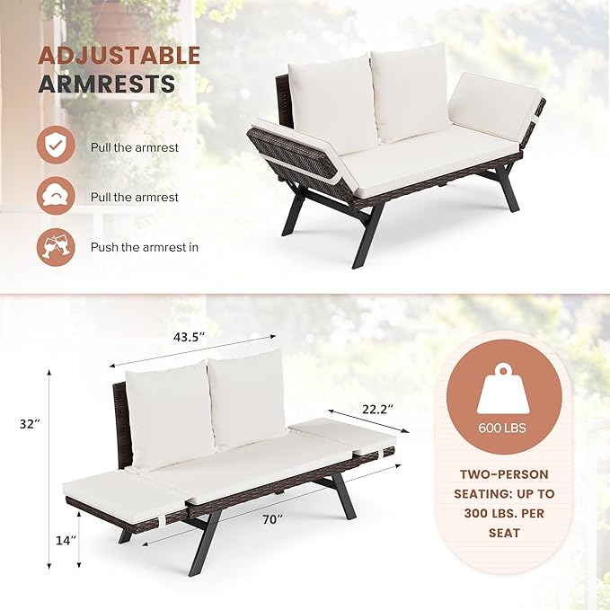 Flamaker Outdoor Convertible Sofa, Woven Rattan Patio Furniture Sunbed with Adjustable Armrests, Removable Cushions and Pillows for Patio, Porch, Pool (Brown Lounger & Beige Pillowcase)