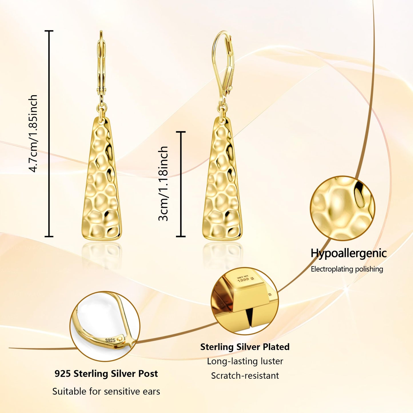 Gold Leverback Earrings, ALEXCRAFT 14K Gold Long Bar Hammered Dangle Earrings for Women Trendy Hypoallergenic 925 Sterling Silver Lightweight Statement Boho Dangling Drop Leverback Teardrop Earring