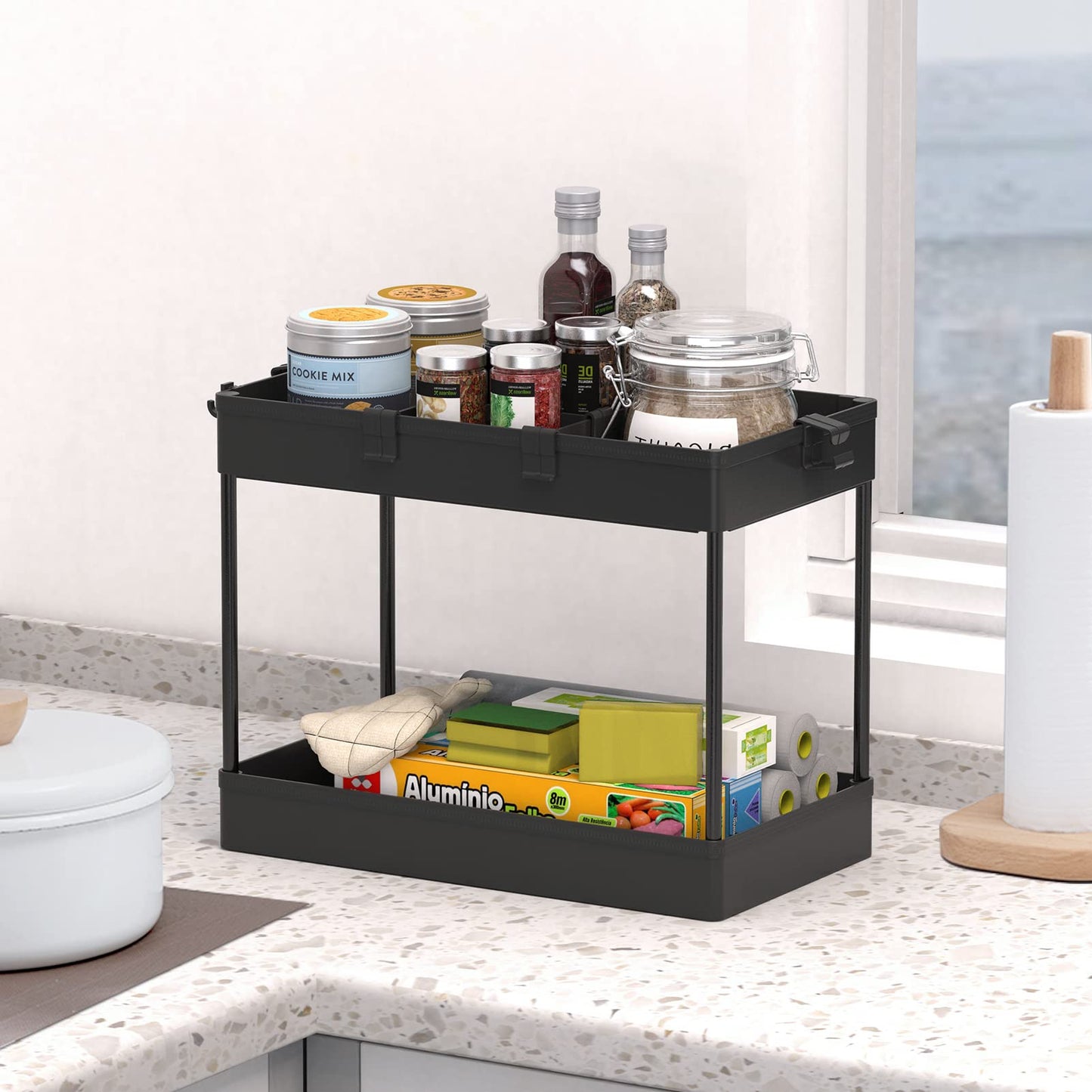 SPACELEAD 3 Tier Rolling Cart with Wheels, Storage Craft Art Trolley Organizer Serving, 3 Hanging Baskets Easy Assembly, for Office, Bathroom，Living Room, Kitchen, Black