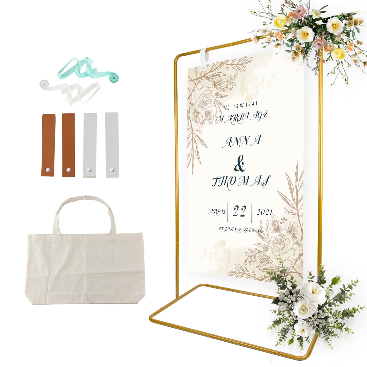 TPFWTD Wedding Sign Holder, Adjustable Welcome Sign Stand w/ Leather Hanging Strap, Satin Ribbon & Carry-on Bag, Heavy Duty Easel Stand for Wedding Seating Chart, Display & Poster (Gold)