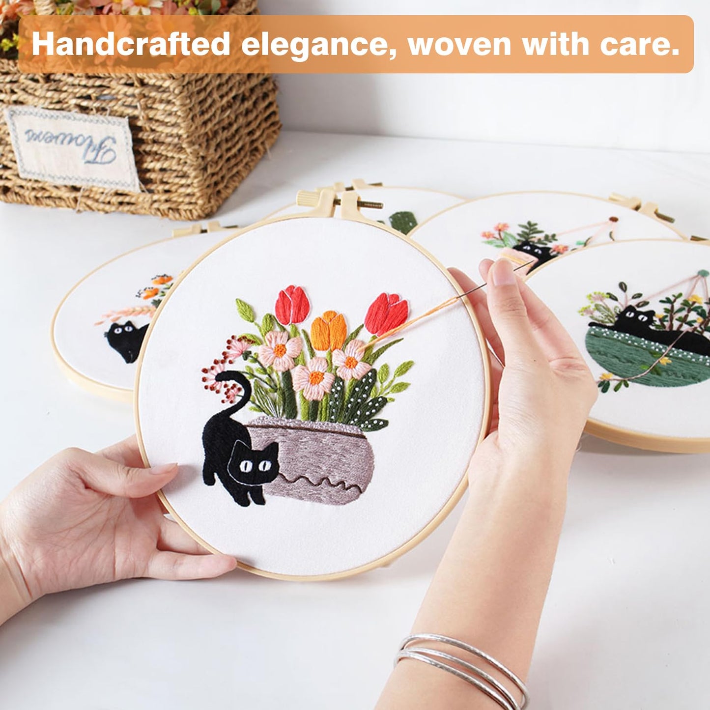 RidaaFri Embroidery Kit for Beginners, Set of 3 Stamped DIY Kits with Cat, Floral, Plant Patterns for Adults, Includes Hoop, Needles, Floss, Step-by-Step Video Tutorial, Complete Sewing Craft Supplies