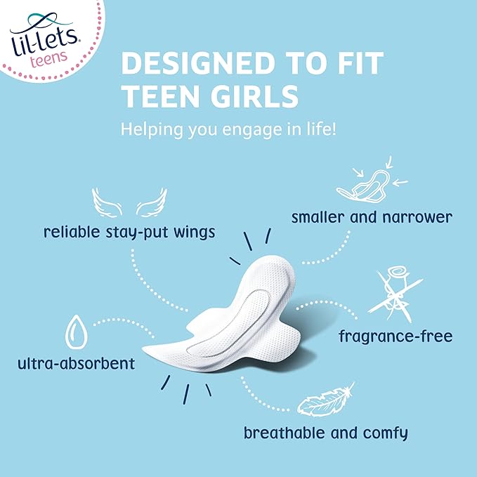 Lil-Lets Teens Day Pads with Wings - 70 Count Period Pads - Thin, Super Absorbent Sanitary Napkins, Soft & Breathable, Fragrance-Free - First Periods, Light to Medium Days