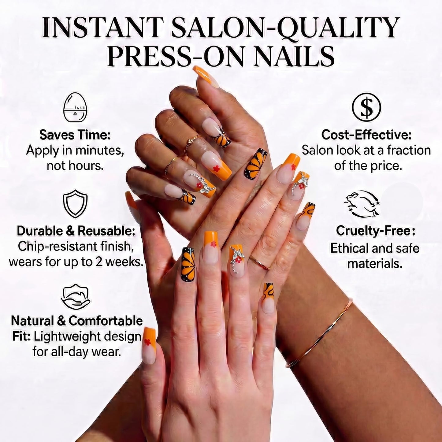 IMSOHOT Long Square Press on Nails, Long Fake Nails, Orange Monarch Butterfly Rhinestone Design, 24 Pcs Reusable Glue on Nails for Women, Salon Quality