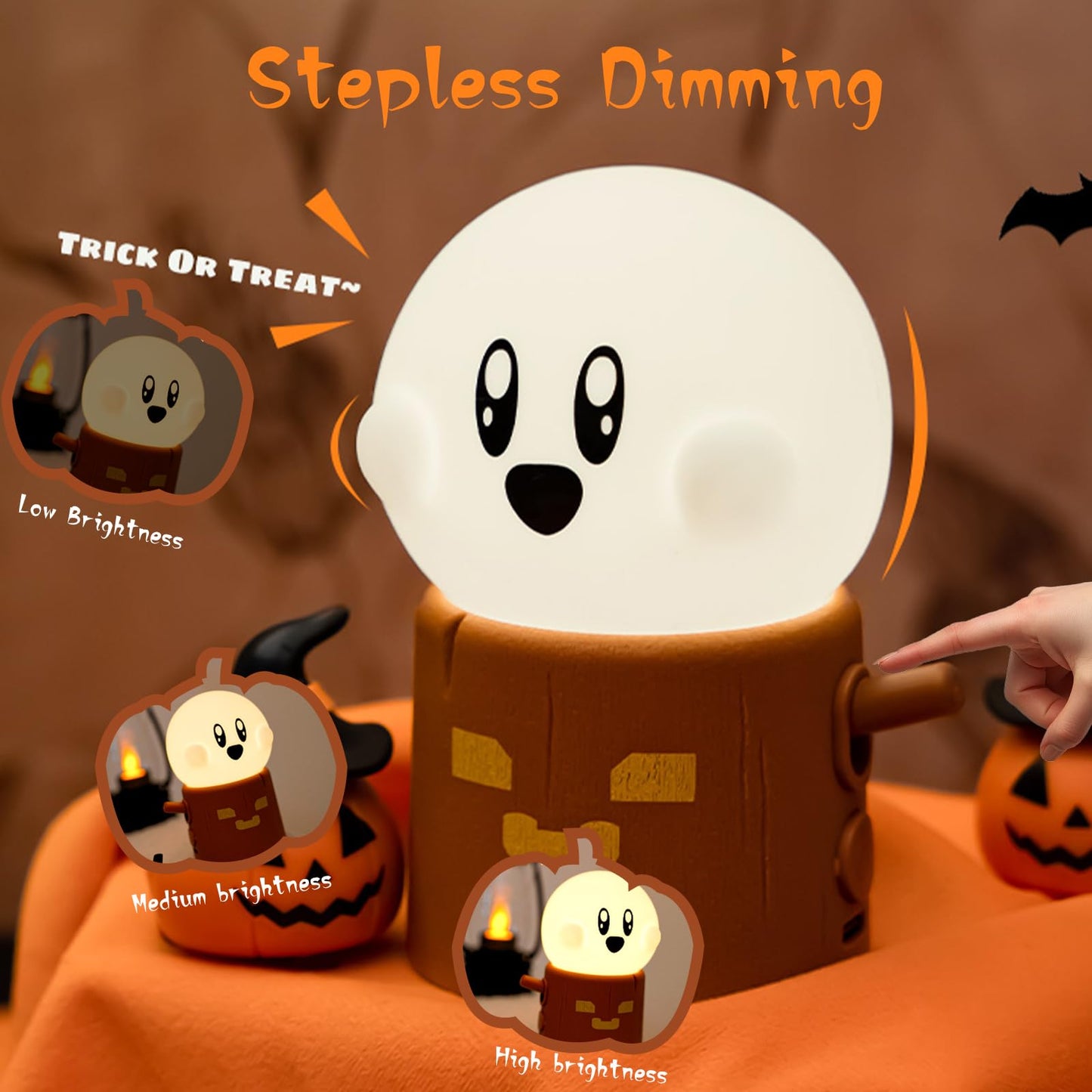 AVEKI Ghost Night Light for Kids, Kawaii Ghost Stump Lamp with Candle Light & Steady on Modes, Dimmable Nightlamp for Baby Nursery, Rechargeable Halloween Night Light Halloween Gifts for Kids