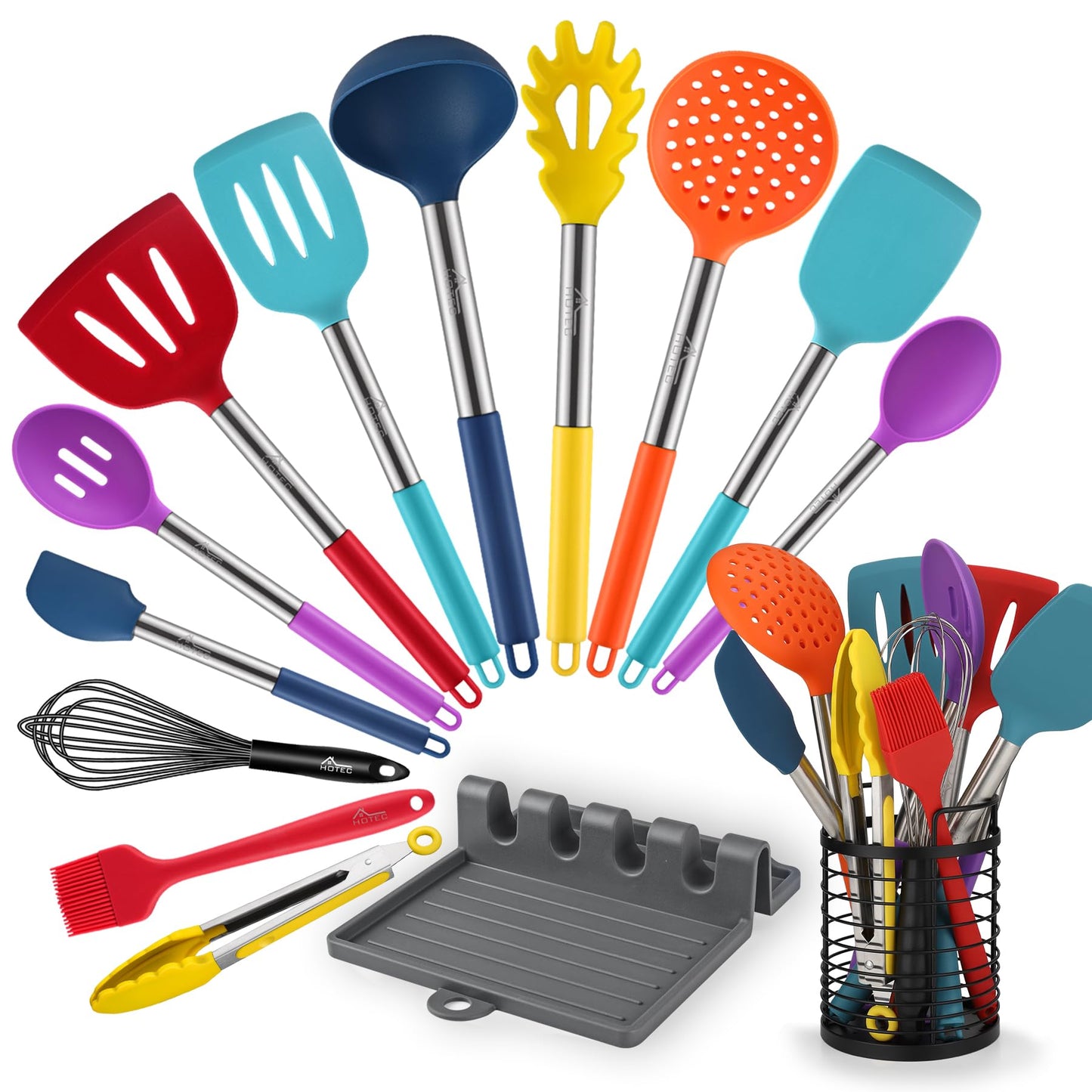 HOTEC 446°F Heat Resistant Silicone Kitchen Utensils, Cooking Utensil Set, Spatula Set, BPA Free, Kitchen Gadgets, Utensils Holder, Dishwasher Safe, 14pcs Multicolor