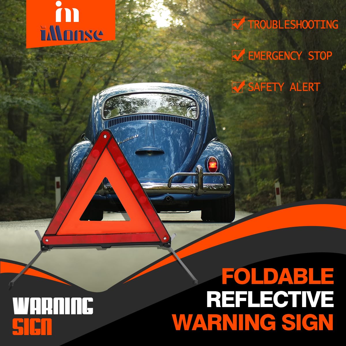 iMonse Warning Safety Triangle Kit, Emergency Roadside Warning Reflective Triangle 2 Packs with 1 LED Road Flare Light, Foldable with Storage Case for Roadside Breakdowns Emergencies
