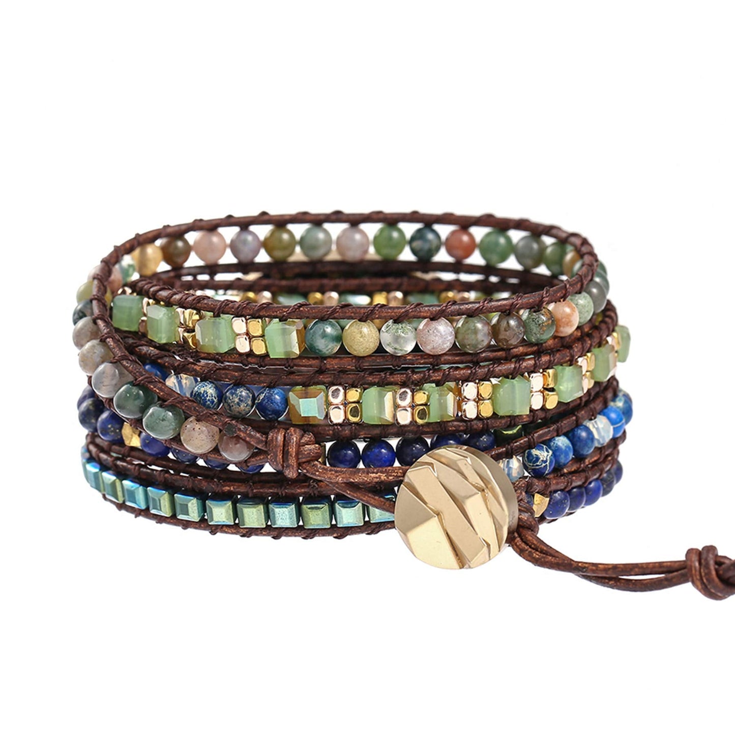 Plumiss Boho Handmade Imperial Jasper Green Blue Stone Hematite Mixed Leather Wrap Bracelets for Men Women