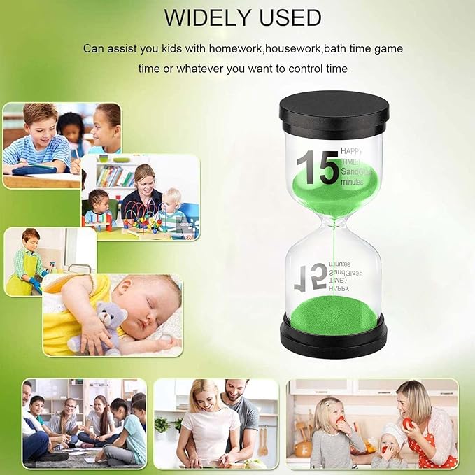 SuLiao 15 Minute Hourglass, Green Sand Clcok Timer, Colorful SandWatch 15 Min, Plastic Reloj De Arena 15 Minutos, Large Hour Glass Sandglass, Kitchen, Games, Classroom, Decor