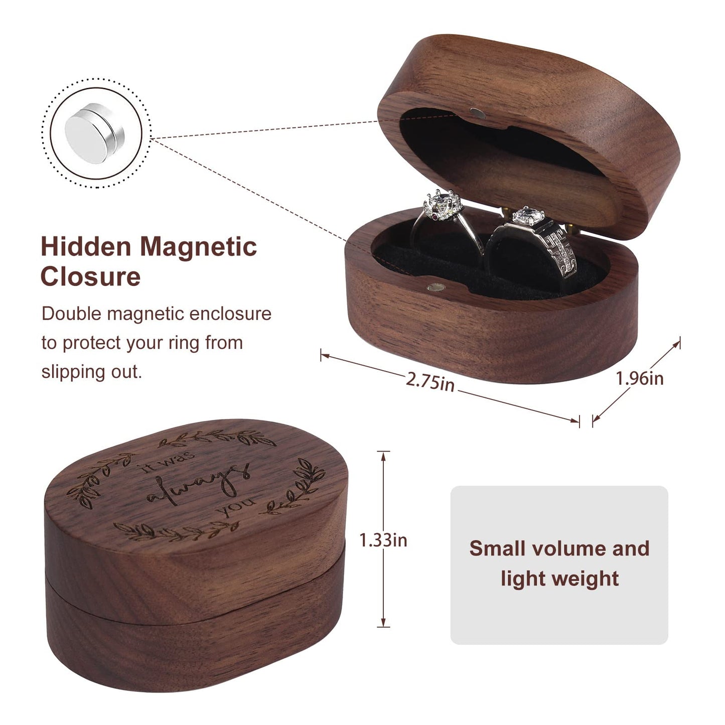 Booinxaa Wedding Ring Box for Proposal, Engagement Ring Holder Gift for Wedding Day, Handmade Wooden Rustic Ring Storage Box Engagement Gift