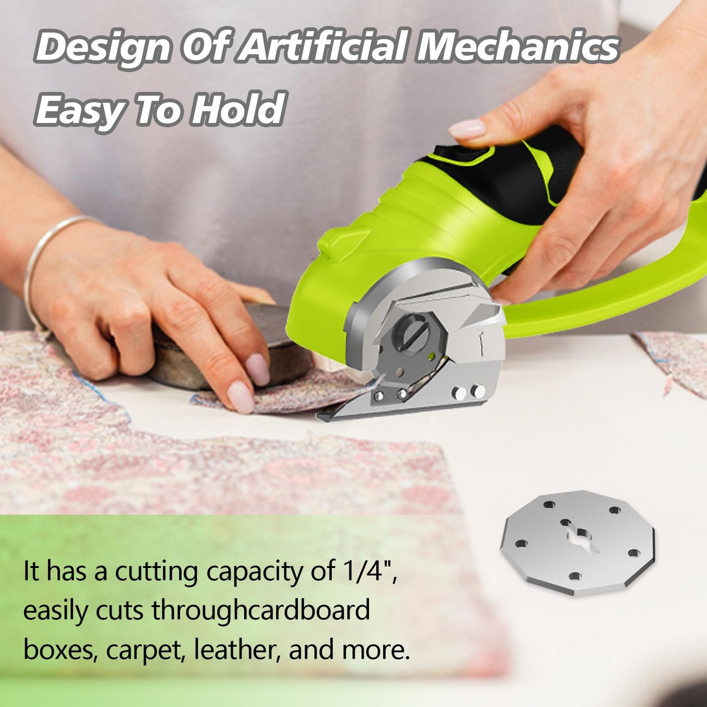 Cordless Electric Scissors, 4V Rechargeable Box Cutter & Cardboard Cutter with LED Light, Safety Lock - Rotary Cutter for Fabric, Leather, Carpet, Plastic, Crafting, Sewing with Storage Box (Green)