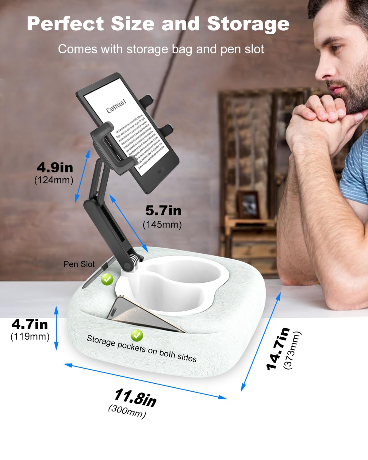 Kolasels Tablet Pillow Stand [Organic Cotton & Food Grade Tray] Adjustable Kindle Pillow Stand Holder for Lap/Bed/Couch/Desk, Fits 4.7-15.6" iPad, Kindle, Galaxy Tab, Phone, Detachable Bowl