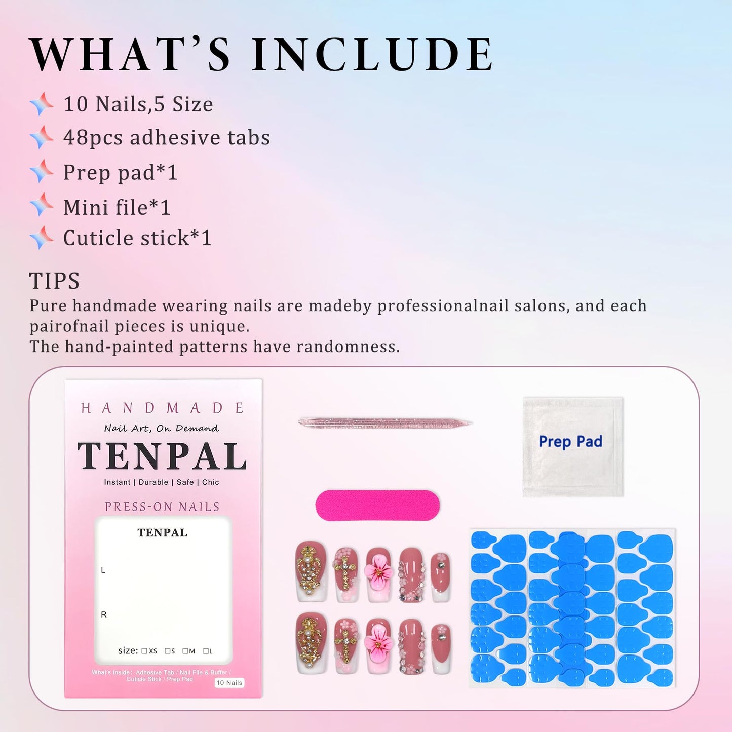 TENPAL Squoval Press on Nails Medium - White French Tips with 3D Cross & Floral Lace, Reusable & Handmade False Nails for Edgy Everyday Wear | Sweet Gothic Style(M)