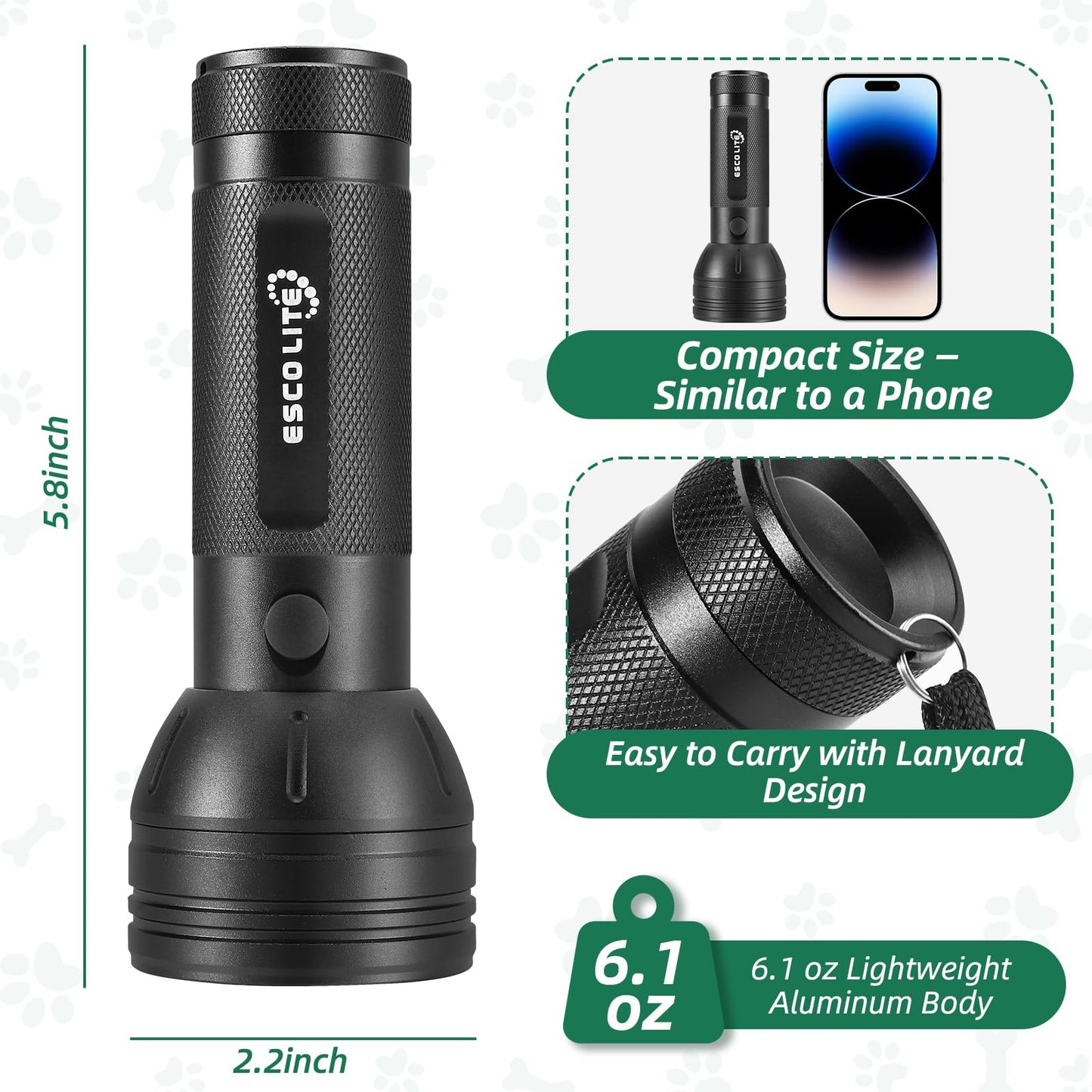 ESCO LITE UV Flashlight Black Light, 51 LED 395 nM Ultraviolet Blacklight Detector for Dog Urine, Pet Stains and Bed Bug